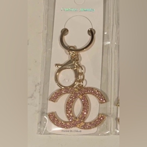 No brand Accessories - Gold-Tone Pink Crystal CC-Style Keychain